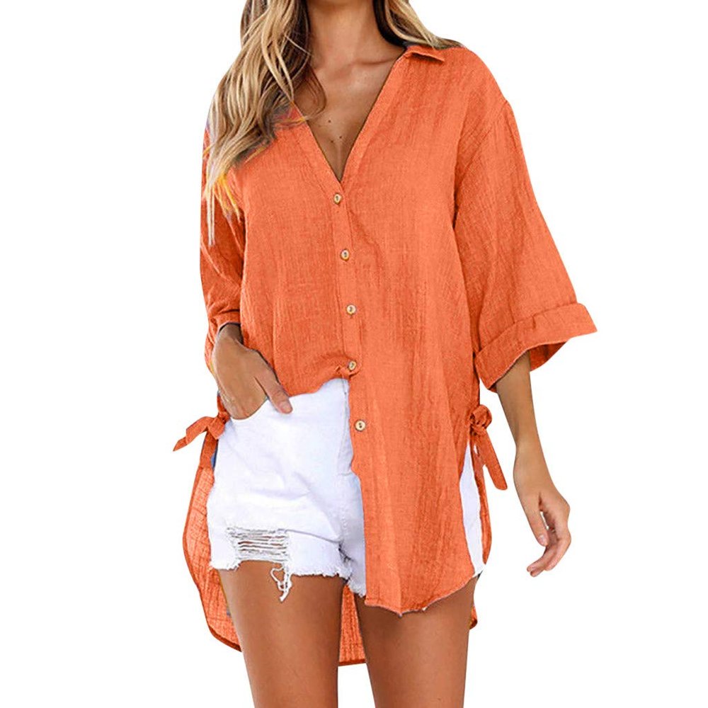 2024 New Women Long Sleeve Boyfriend Button Down Shirts Asymmetrical Casual Lace Up Oversized Tunic Tops
