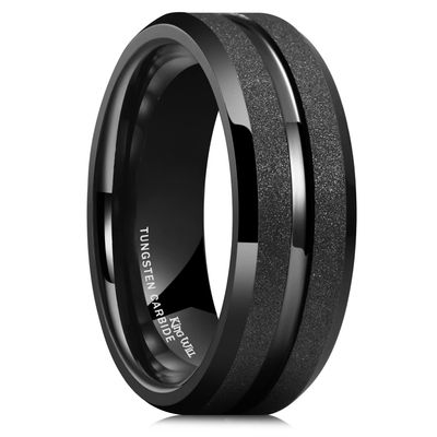 King Will Tungsten Carbide Wedding Ring for Men - 8mm Black Sandblasted Finish Grooved Center Comfort Fit Mens Wedding Band for Everyday Wear 11.5
