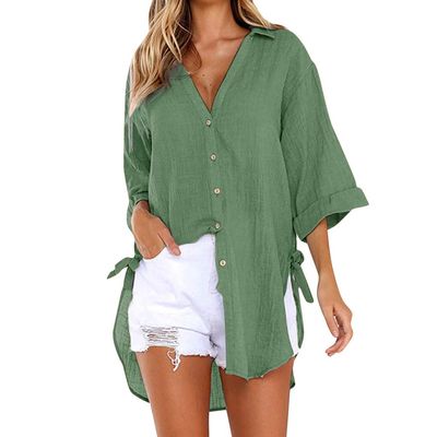 2024 New Women Long Sleeve Boyfriend Button Down Shirts Asymmetrical Casual Lace Up Oversized Tunic Tops