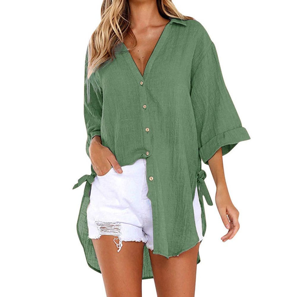 2024 New Women Long Sleeve Boyfriend Button Down Shirts Asymmetrical Casual Lace Up Oversized Tunic Tops