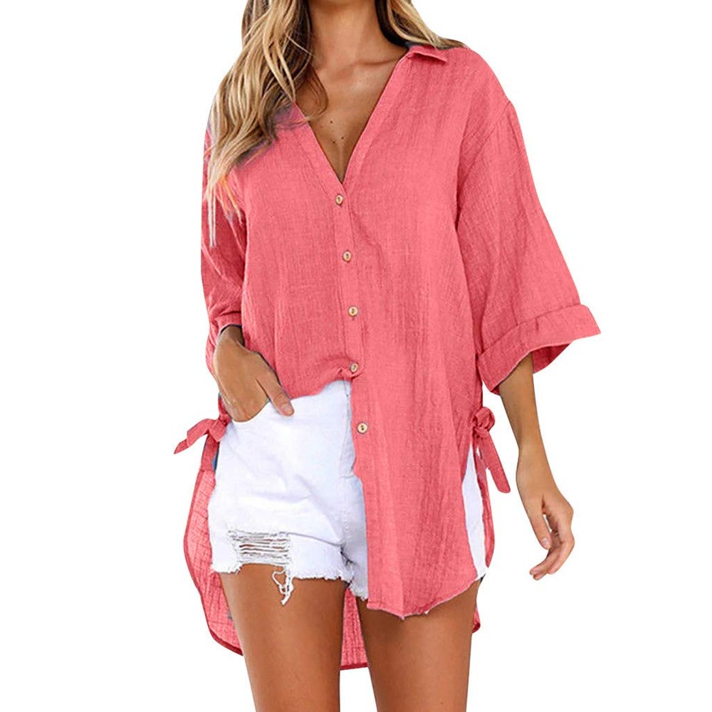 2024 New Women Long Sleeve Boyfriend Button Down Shirts Asymmetrical Casual Lace Up Oversized Tunic Tops