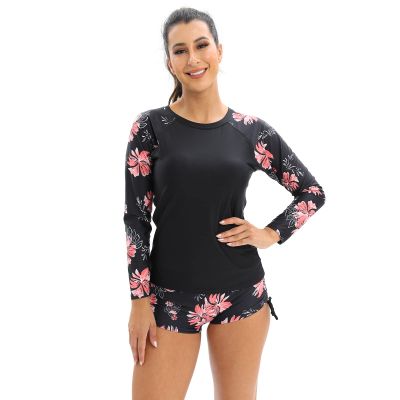 Sun Protection Clothing Women Two Piece Rash Guard Long Sleeve Swimsuits Swim Shirt Bathing Suit Boyshort Bottom Boyleg Surfing Swimwear UV Swimming Summer Party Black + red Flower XXL