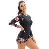 Sun Protection Clothing Women Two Piece Rash Guard Long Sleeve Swimsuits Swim Shirt Bathing Suit Boyshort Bottom Boyleg Surfing Swimwear UV Swimming Summer Party Black + red Flower XXL view 2