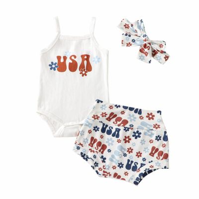 4th of July Baby Girl Outfits Newborn Short Sleeve Daddy's Little Firecracker Romper + Tie Dye Bloomer Shorts Set (White-USA, 0-3 Months)