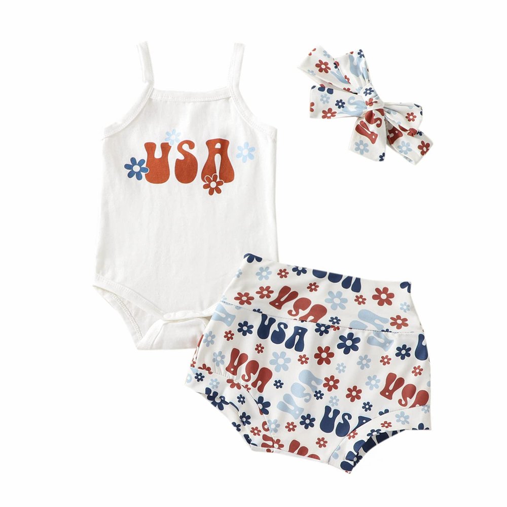 4th of July Baby Girl Outfits Newborn Short Sleeve Daddy's Little Firecracker Romper + Tie Dye Bloomer Shorts Set (White-USA, 0-3 Months)