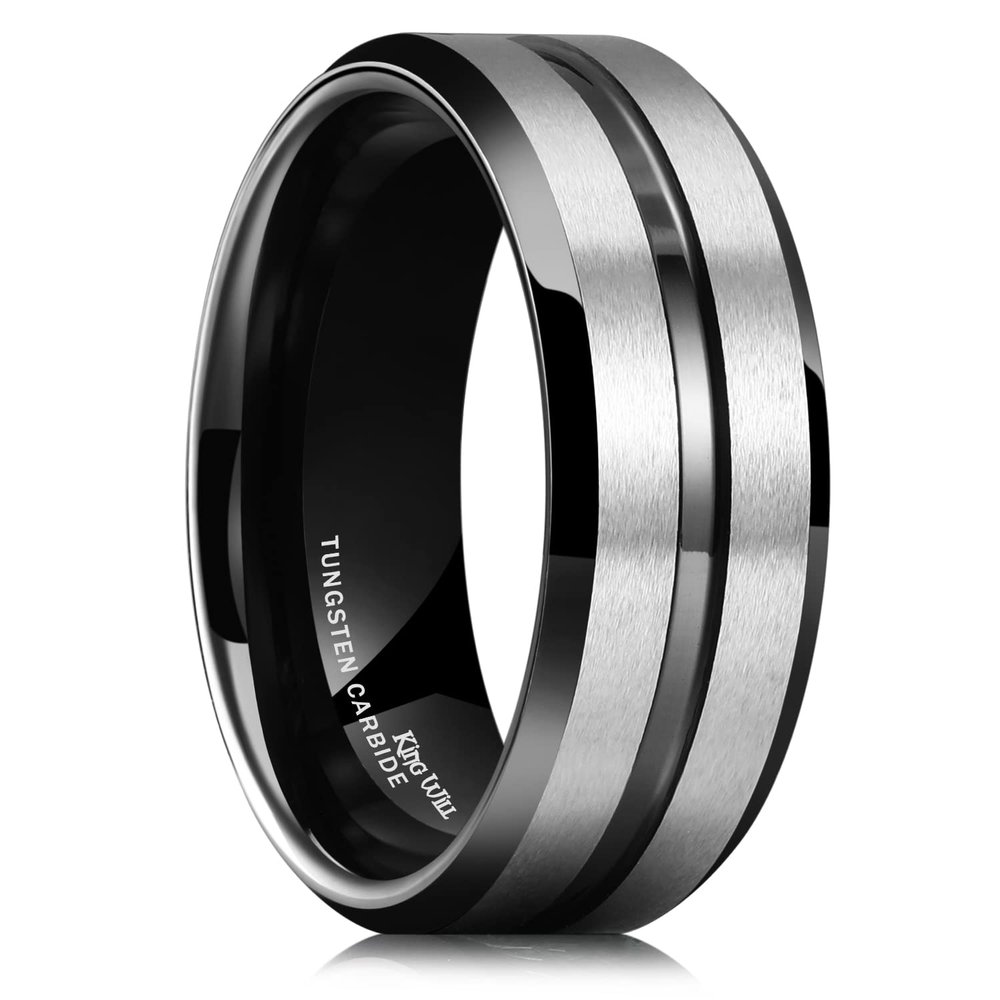 King Will Tungsten Carbide Wedding Band for Men Women-8mm Width in Sliver with Black Grooved Center Wedding Ring Matte Finished Suitable for Work, Gym Comfort Fit Size 11