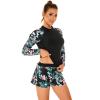Tummy Control Swimsuits for Women,Two Piece Rash Guard Long Sleeve Swimsuits Swim Shirt Bathing Suit with Boyshort Bottom Boyleg Surfing Swimwear UV Protection Swimming Costume Black Green Leaf L view 2