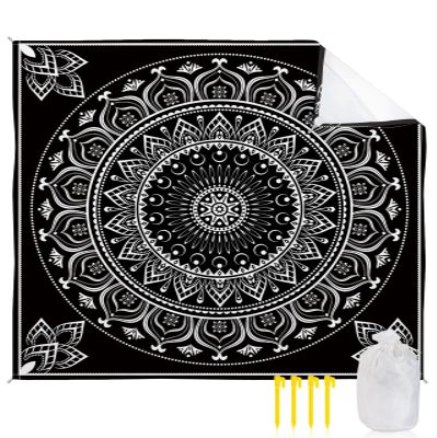 Beach Blanket Waterproof Sandproof Beach Mat,Classic Black White Mandala Boho Picnic Blankets with Sand Pockets and Stakes,Vintage Ethnic Floral Art Medieval Outdoor Pad for Seaside,Travel,Camping