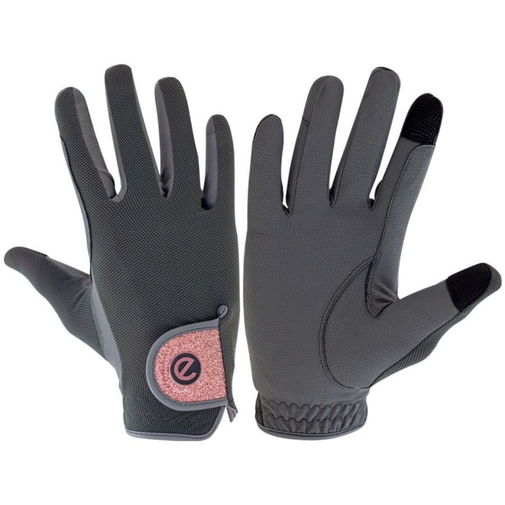 eGlove eQUEST GripPro X-LITE - Lightweight, Breathable, and Grippy - Comfort Mesh Back - Touchscreen Riding Gloves - 2022/23 (Grey - Rose Gold Glitter Cuff, XX-Small)