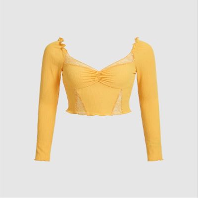 AIEBO Women's Shirts Women's Tops Shirts for Women Lettuce Trim Ruched Front Lace Insert Tee (Color : Yellow, Size : Small)