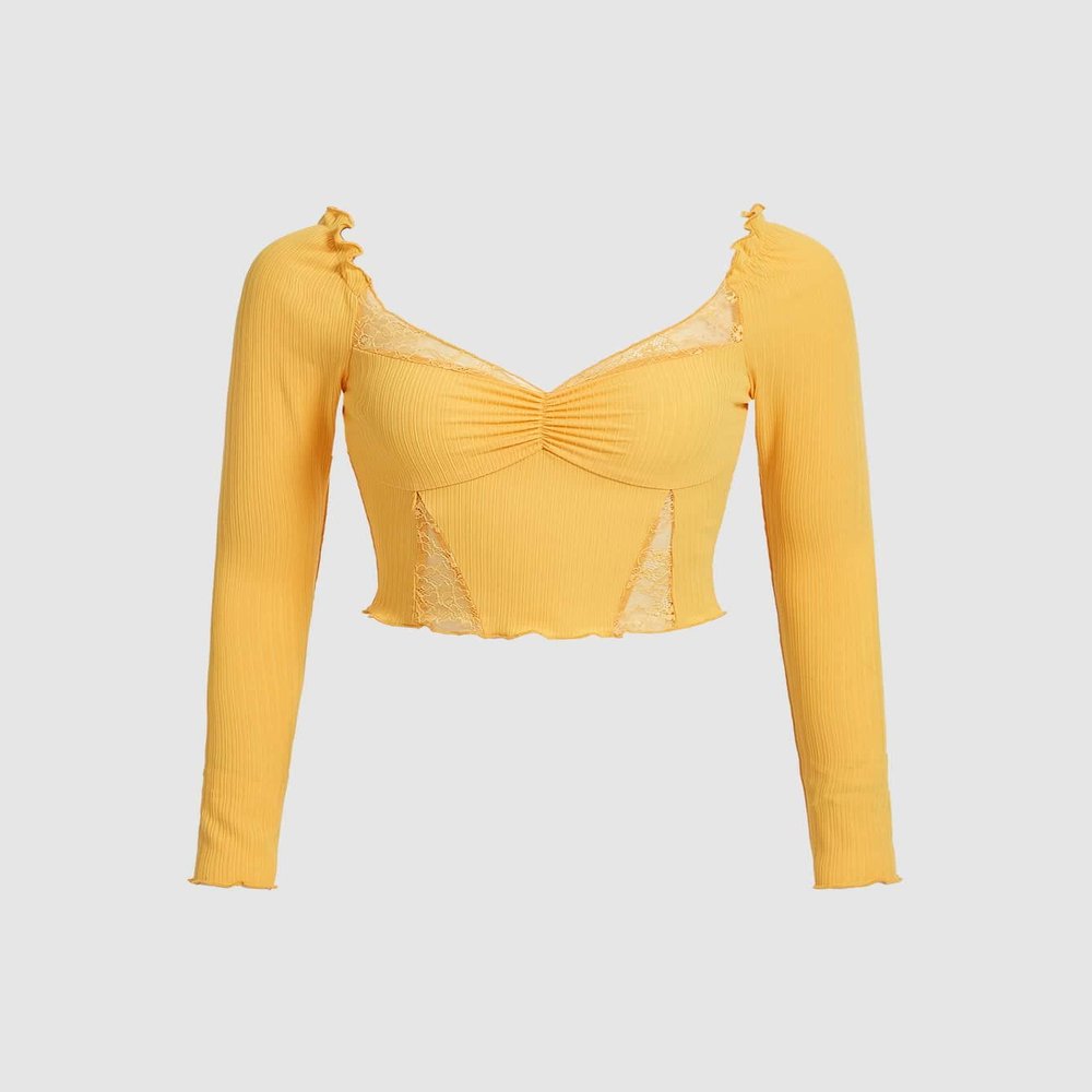 AIEBO Women's Shirts Women's Tops Shirts for Women Lettuce Trim Ruched Front Lace Insert Tee (Color : Yellow, Size : Small)
