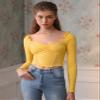 AIEBO Women's Shirts Women's Tops Shirts for Women Lettuce Trim Ruched Front Lace Insert Tee (Color : Yellow, Size : Small) view 2