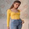 AIEBO Women's Shirts Women's Tops Shirts for Women Lettuce Trim Ruched Front Lace Insert Tee (Color : Yellow, Size : Small) view 3