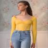 AIEBO Women's Shirts Women's Tops Shirts for Women Lettuce Trim Ruched Front Lace Insert Tee (Color : Yellow, Size : Small) view 4