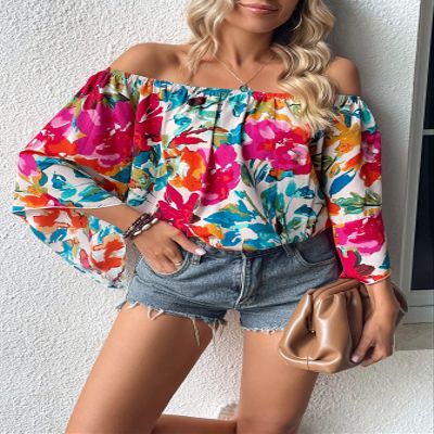 AIEBO Women's Shirts Women's Tops Shirts for Women Floral Print Off Shoulder Trumpet Sleeve Blouse (Color : Multicolor, Size : Medium)