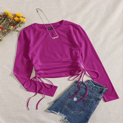 AIEBO Women's Shirts Women's Tops Shirts for Women Drawstring Ruched Solid Tee (Color : Red Violet, Size : X-Large)