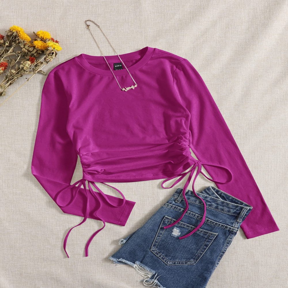 AIEBO Women's Shirts Women's Tops Shirts for Women Drawstring Ruched Solid Tee (Color : Red Violet, Size : X-Large)