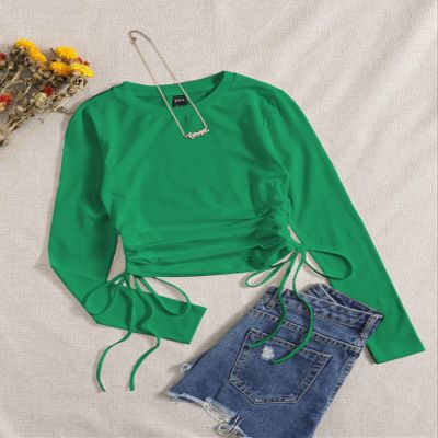 AIEBO Women's Shirts Women's Tops Shirts for Women Drawstring Ruched Solid Tee (Color : Green, Size : X-Large)