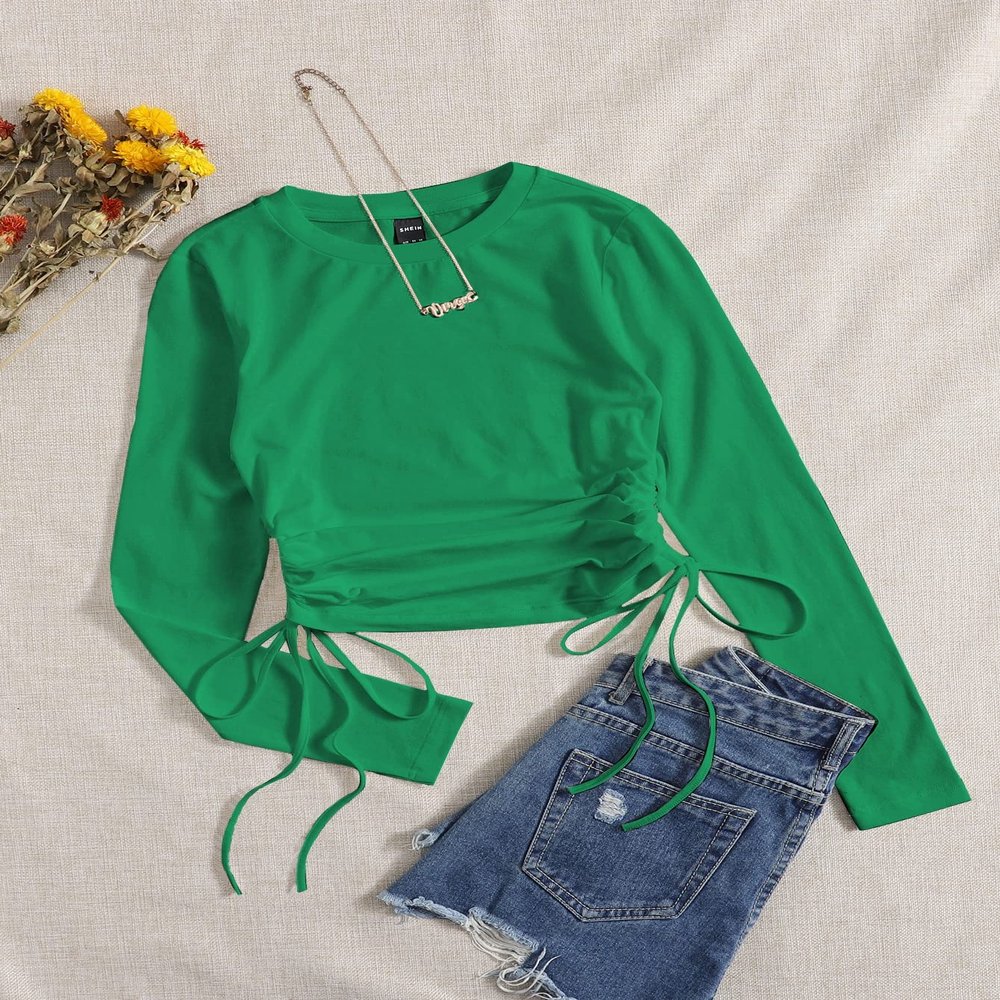 AIEBO Women's Shirts Women's Tops Shirts for Women Drawstring Ruched Solid Tee (Color : Green, Size : X-Large)