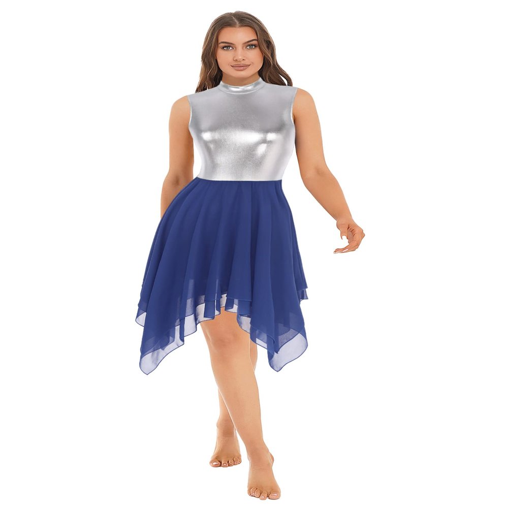ranrann Women Silver Metallic Lyrical Dress Irregular Chiffon Hem Contemporary Ballroom Dance Costume Praise Dance Tunic #01Blue X-Large