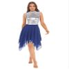 ranrann Women Silver Metallic Lyrical Dress Irregular Chiffon Hem Contemporary Ballroom Dance Costume Praise Dance Tunic #01Blue X-Large view 1