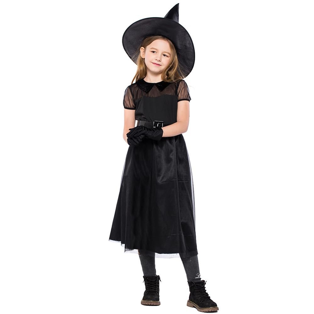 AGQT Witch Costumes Black for Toddler Girls Fancy Party Dress Up 4Pcs Halloween Carnival Dionysia Mardi Gras Dress Size 9-11 Years