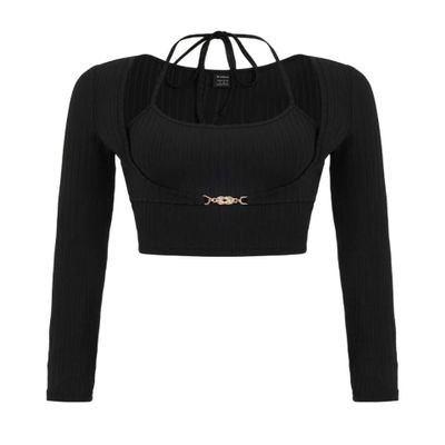 Women's T-Shirt Ribbed Knit Chain Front Tie Back Crop Tee T-Shirt for womenJIEHUA (Color : Black, Size : X-Small)