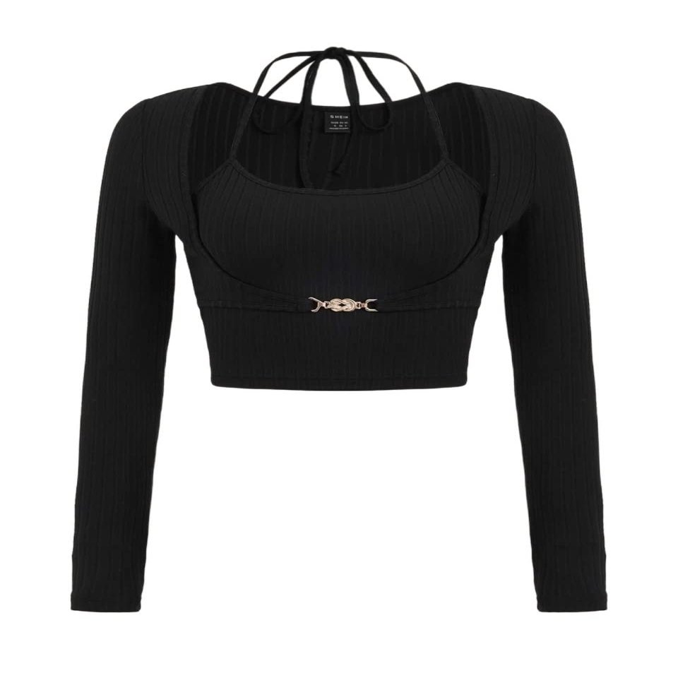 Women's T-Shirt Ribbed Knit Chain Front Tie Back Crop Tee T-Shirt for womenJIEHUA (Color : Black, Size : X-Small)