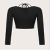 Women's T-Shirt Ribbed Knit Chain Front Tie Back Crop Tee T-Shirt for womenJIEHUA (Color : Black, Size : X-Small) view 2