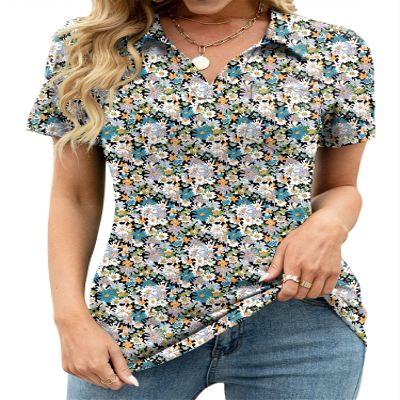 AKEWEI Womens Cotton Polo Shirts Short Sleeve Plus Size Collared Tunic Tops Business Casual Blouses Black Yellow Floral 3XL