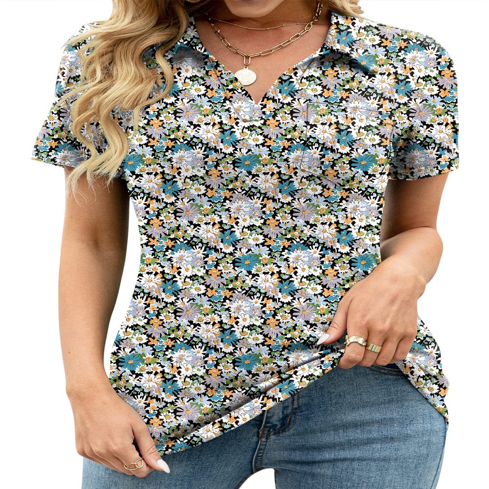 AKEWEI Womens Cotton Polo Shirts Short Sleeve Plus Size Collared Tunic Tops Business Casual Blouses Black Yellow Floral 3XL