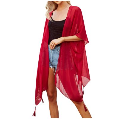 Bathing Suit Swimsuit Cover Ups Womens Vintage Boho Floral Kimono Printed Cardigan Sheer Swimsuit Coverup Loose Casual Beach Resort Wear Long Cover Ups One Size Solid_red