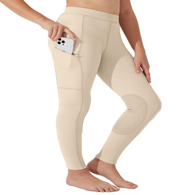 Willit Girls Horse Riding Pants Tights Kids Equestrian Breeches Knee-Patch Youth Schooling Tights Zipper Pockets Light Khaki L