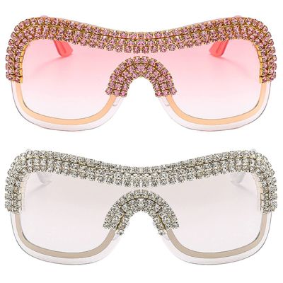 mincl Luxury Oversized Y2k Sunglasses Women Metal Rimless Vintage Silver Sun Glasses Big Rhinestone Sunglasses Female Shades (2pcs-pink&silver)
