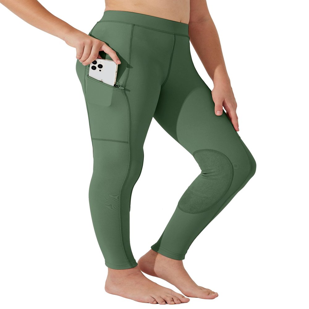 Willit Girls Horse Riding Pants Tights Kids Equestrian Breeches Knee-Patch Youth Schooling Tights Zipper Pockets Army Green L