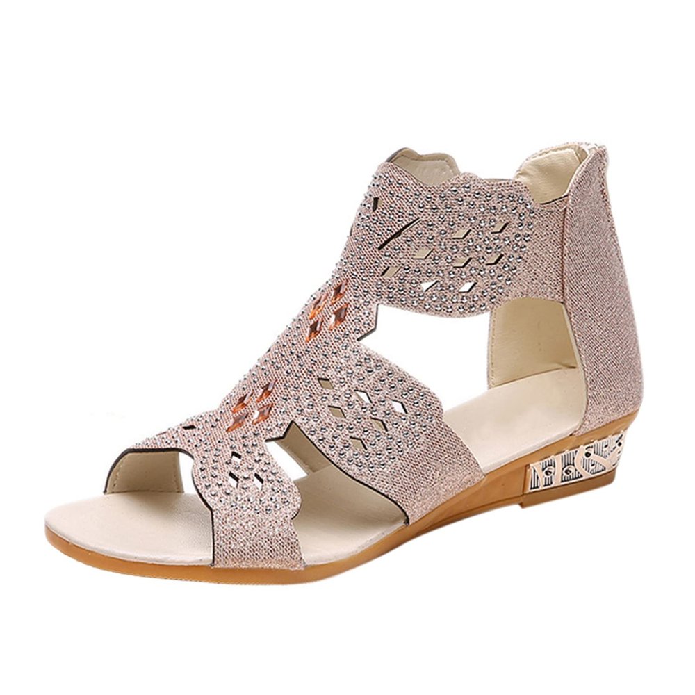 Gladiator Sandals for Women Arch Support,Bohemian Peep Toe Ankle Bootie Open Toe Slip On Hollow Back Zipper Shoes Comfortable Walking Wedge Sandals for Women Dressy Summer