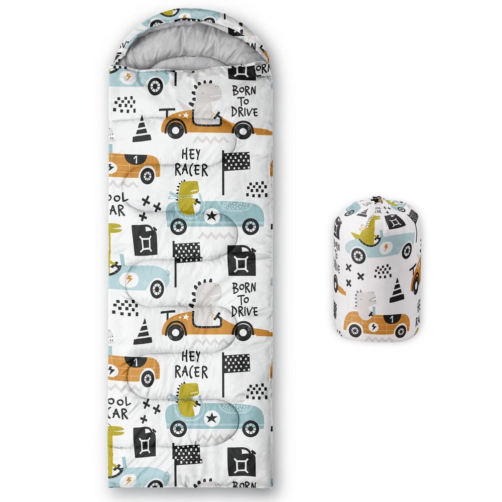 Datura home Kids Sleeping Bag for Boys Girls,Dinosaur Race Print-Lightweight Warm Portable Outdoor Indoor-Waterproof Cold Weather Resistant Sleeping Bag for Camping Hiking(Dinosaur Race)
