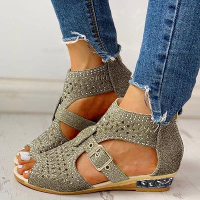Gladiator Sandals for Women Arch Support,Bohemian Rhinestone Sandals for Women,Ankle High Open Toe Sandals for Women Dressy Summer Slip On Hollow Back Zipper Comfortable Casual Walking Sandals