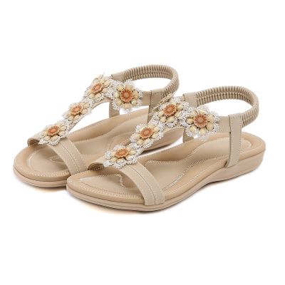 Sandals for Women Dressy Summer Flats,Bohemian Gladiator Sandals for Women,Fashion Casual Open Toe Flat Rhinestone Flowers Roman Sandals Retro Breathable Comfortable Walking Sandals
