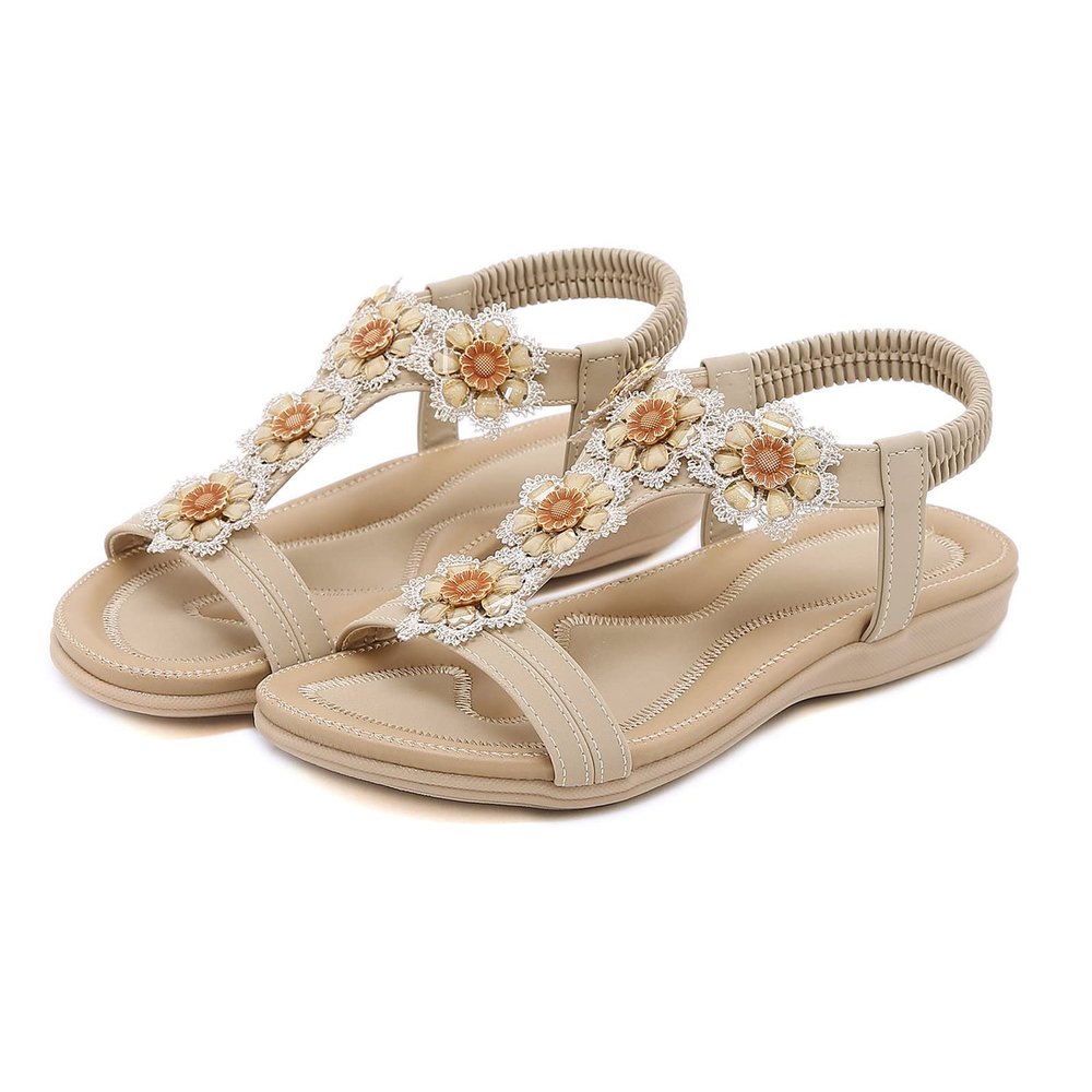 Sandals for Women Dressy Summer Flats,Bohemian Gladiator Sandals for Women,Fashion Casual Open Toe Flat Rhinestone Flowers Roman Sandals Retro Breathable Comfortable Walking Sandals