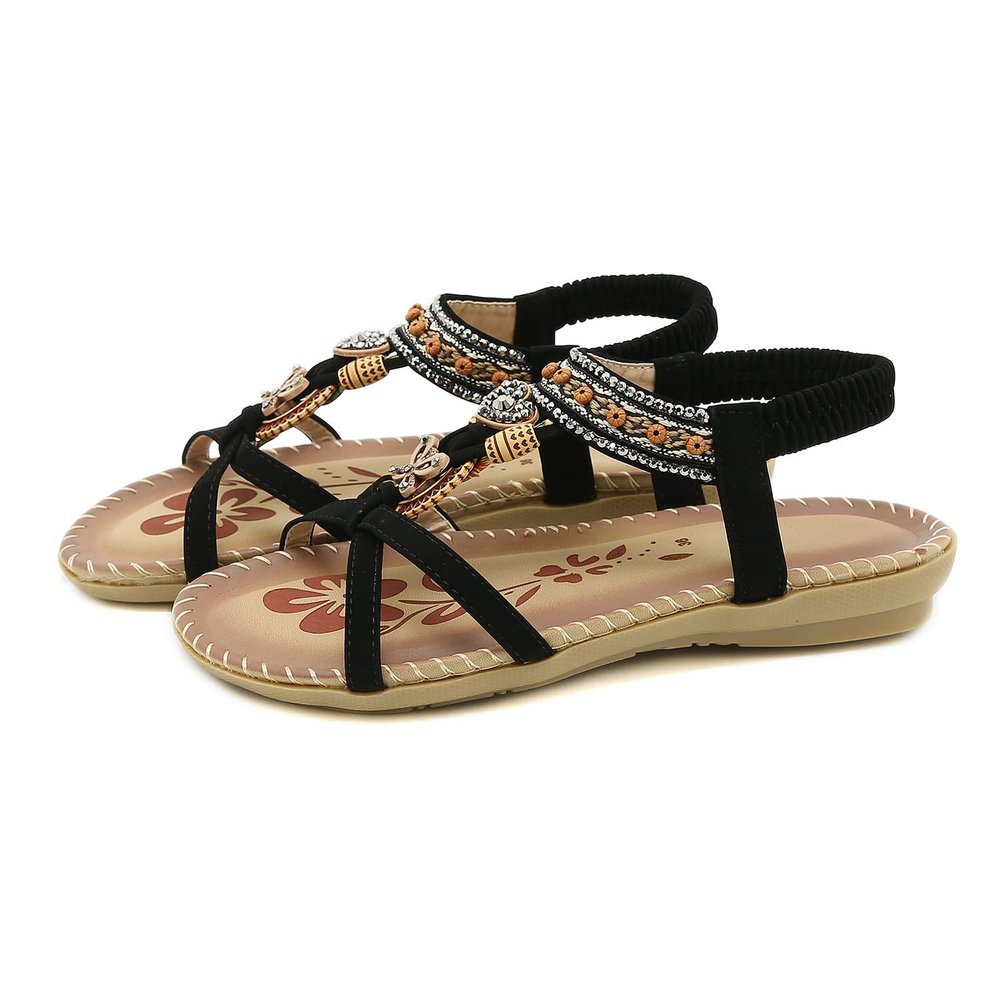 Sandals for Women Comfortable Flats Shoes with Elastic Ankle Strap Gladiator Bohemian Beaded Dress Shoe Outdoor Non Slip Beach Clip Toe Summer Sandal