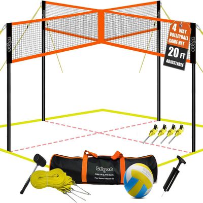 4-Way Volleyball and Badminton Net Combo Game Set - 20ft x20ft Adjustable Height Four Square Volleyball Game net for Backyard and Beach, Coming with Soft Volley Ball, Rubber Hammer with Carry Bag