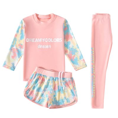 Daenrui Kids Girls 3-Piece Swimsuit Sunsuit Long Sleeve Rashguard Shirts+ Shorts+Pants Bathing Suit UV Swimwear Pink 10-12 Years