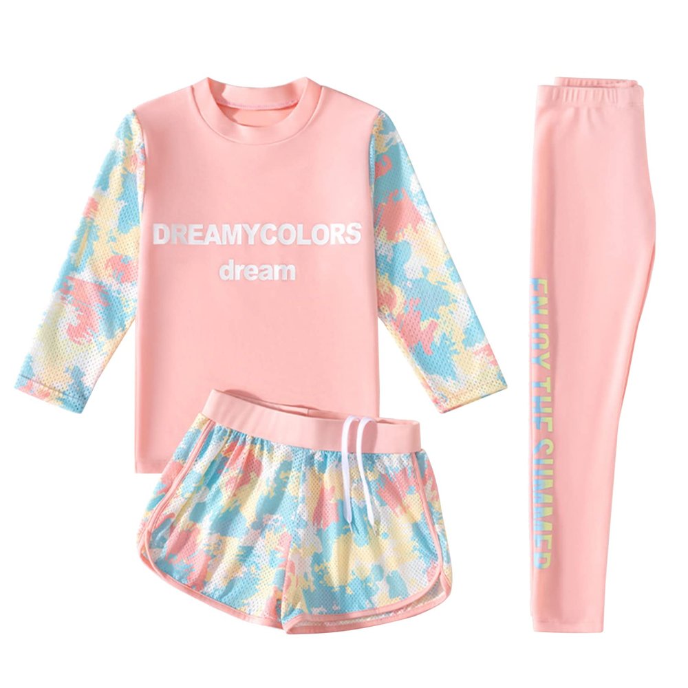 Daenrui Kids Girls 3-Piece Swimsuit Sunsuit Long Sleeve Rashguard Shirts+ Shorts+Pants Bathing Suit UV Swimwear Pink 10-12 Years