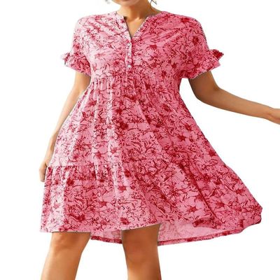 chouyatou Women's Babydoll Floral Dress Boho A Line Button Up Short Sleeve Tiered Midi Dress (Large, Red)