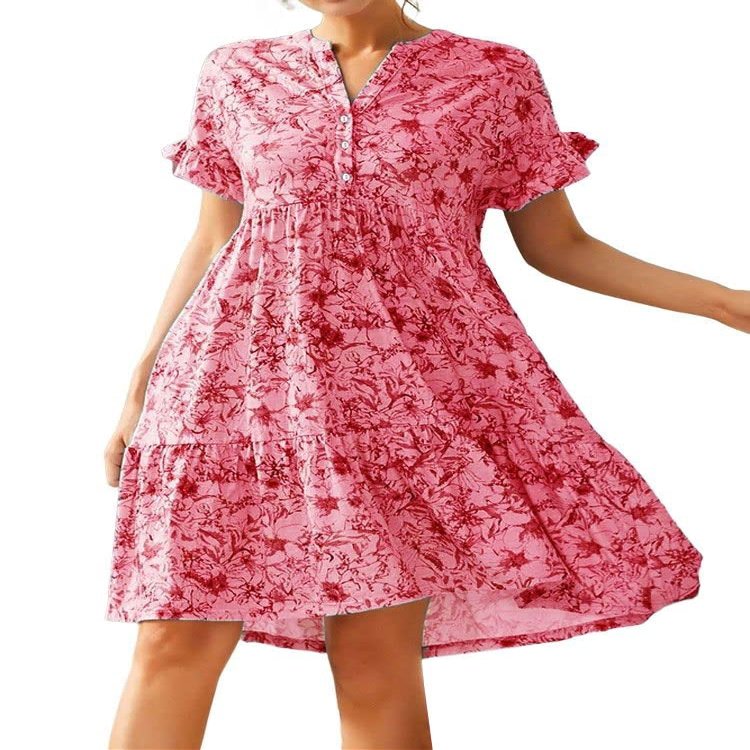 chouyatou Women's Babydoll Floral Dress Boho A Line Button Up Short Sleeve Tiered Midi Dress (Large, Red)