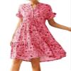 chouyatou Women's Babydoll Floral Dress Boho A Line Button Up Short Sleeve Tiered Midi Dress (Large, Red) view 1