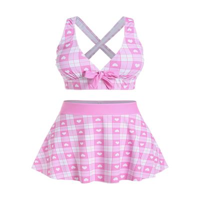 ROSE GAL Rosegal Plus Size Valentines Heart Bowknot Crisscross Padded Three Piece Tankini Swimsuit Light Pink