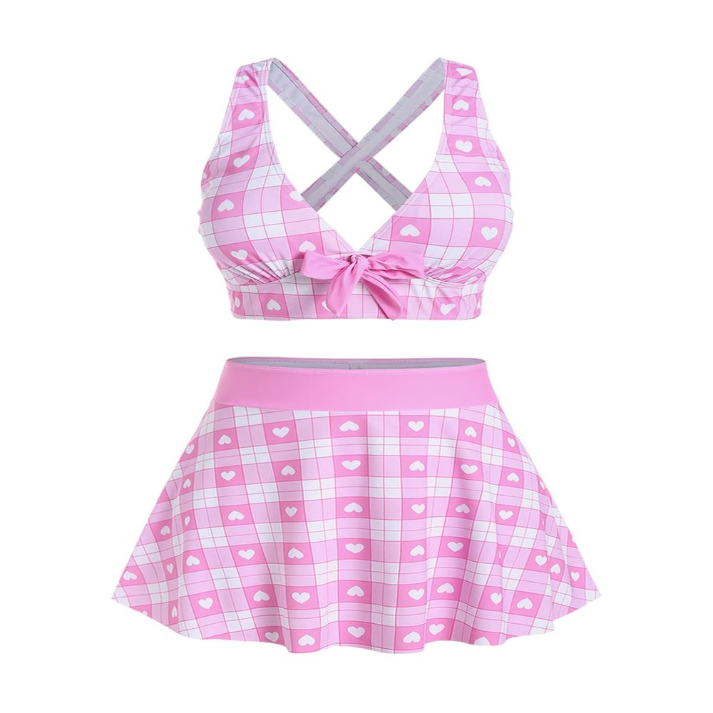 ROSE GAL Rosegal Plus Size Valentines Heart Bowknot Crisscross Padded Three Piece Tankini Swimsuit Light Pink