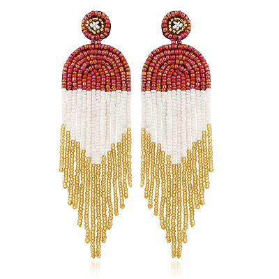 Clip on Earrings Dangle Long Tassel Earrings Bohemian Handmade Boho Tri Color Seed Beaded for Women Fringe Drop
